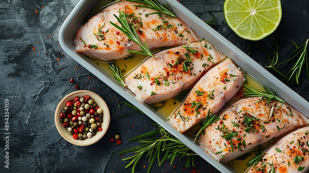 Poster raw catfish steaks with herbs lime and spices in a baking dish on a dark background top view high qu