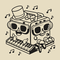 Illustration of two face Piano Mascot with Piano Stool playing some notes. Black and white character mascot.
