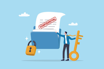 Confidential document, privacy protection or secret secured lock, safety or security to archive file or document, accessibility control concept, businessman lock document file folder with padlock.