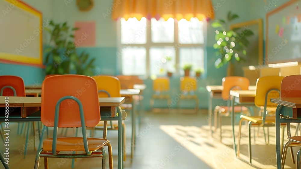 Aufkleber Shot of empty classroom with chairs under desks in elementary school School during vacation or holidays A teaching classroom without student during term break or the end of semester in : Generative AI