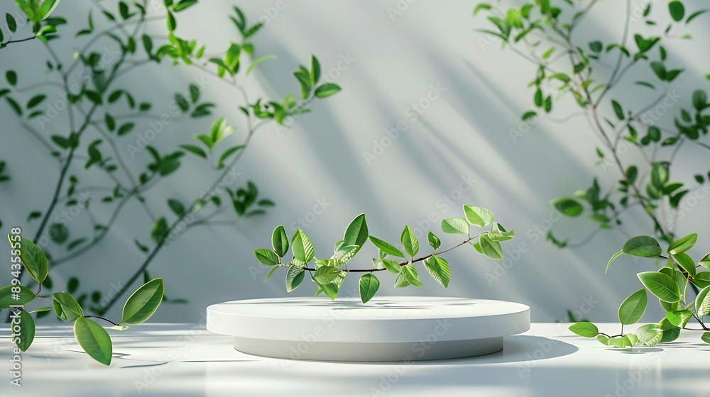 Poster empty round podium and green leaves on light grey background top view pedestal and fresh natural bra