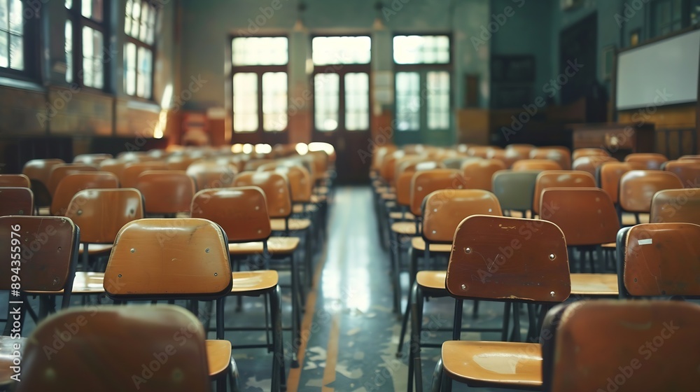 Poster empty classroom with a lot of chair with no student empty classroom with vintage tone wooden chairs 
