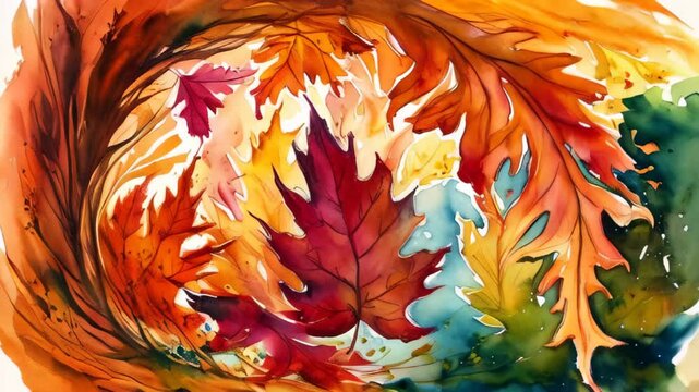 colorful autumn leaves swirling in a spiral pattern against a warm background. Autumn background