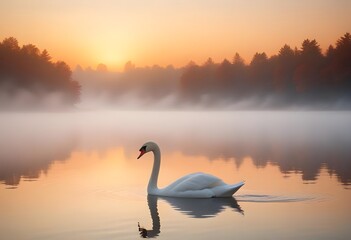 Fototapeta premium A swan swimming on the calm lake water, surrounded by gentle mist with a forest in the background. Sun rays reflecting create a peaceful and pleasant morning atmosphere