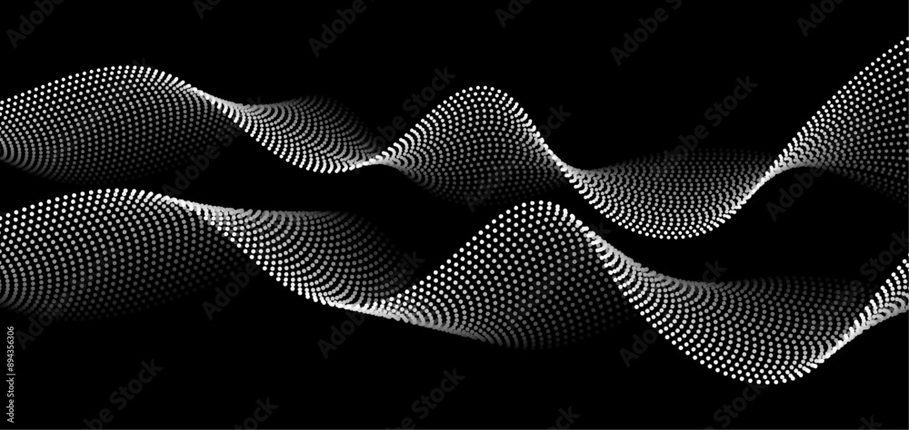 Poster Abstract flowing dots particles wave pattern. Halftone gradient smooth wavy dotted lines isolated on black background. Vector design template. Sound wave rhythm