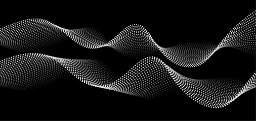 Abstract flowing dots particles wave pattern. Halftone gradient smooth wavy dotted lines isolated on black background. Vector design template. Sound wave rhythm