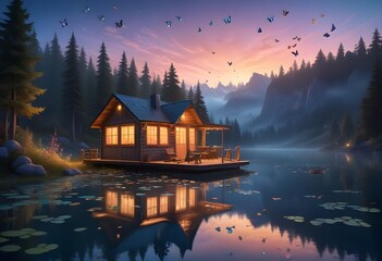 Small, charming, cozy wooden cabin by the lake surrounded by a magical forest with a breathtaking sunset. Beautiful birds flying in the sky