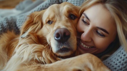 Saving memories with pet Smiling woman with blond hair snuggling to furry friend and taking selfie on modern cell phone Obedient golden retriever lying on floor near delighted female o : Generative AI