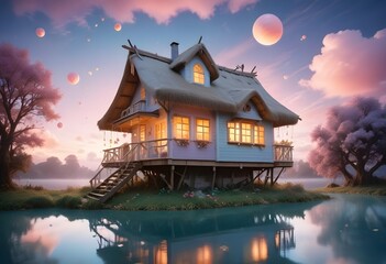 Obraz premium A small pastel-colored cottage nestled beside a lake against a backdrop of beautiful pastel skies and clouds