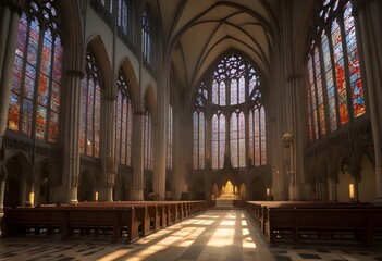 Fototapeta premium The vast interior of a Gothic cathedral with beautiful stained glass windows. Sunlight streaming into the enormous Gothic cathedral, reflecting off the tiles.