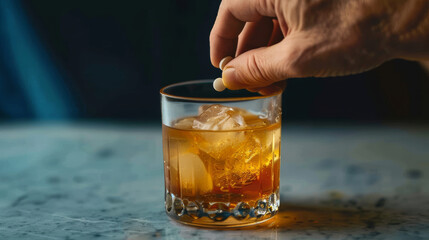 Hand over glass, spiking a drink, dropping in pills. Whiskey with ice in a glass on a marble table.