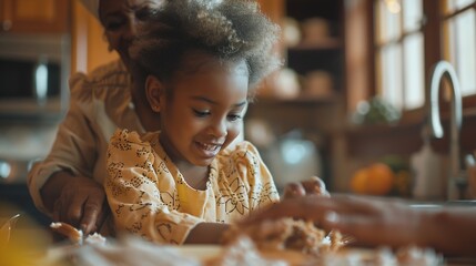 Happy african american grandmother and granddaughter baking together in kitchen : Generative AI