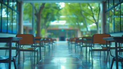 School classroom in blur background without young student Blurry view of class room no kid or teacher with chairs and tables in campus : Generative AI