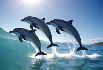 Fototapeta premium Dolphins jumping out of the water. Close-up of leaping dolphins. Macro wildlife photography. Close-up view of a dolphin show