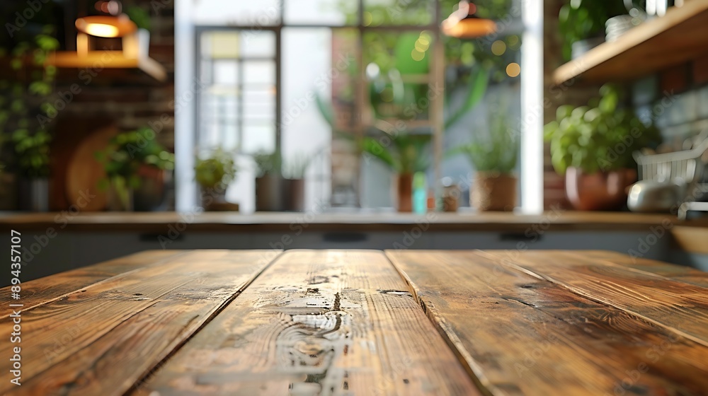 Leinwandbilder selective focuswood table top on blur kitchen counter backgroundfor montage product display or desig