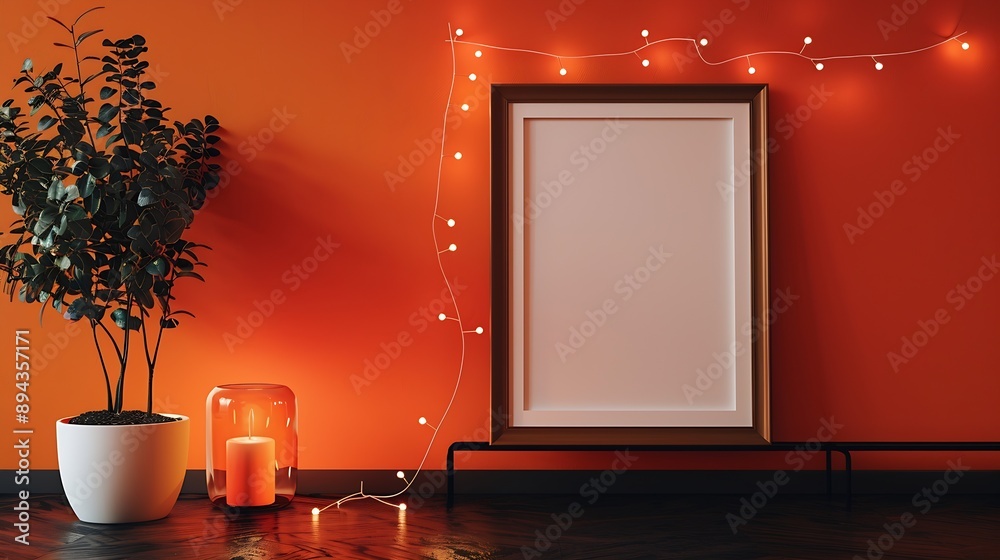 Fototapete white empty frame in orange solid color studio scene white lights halloween background product displ