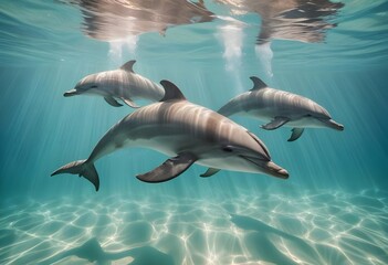 Fototapeta premium Beautiful dolphins swimming underwater. Dolphins gliding through clear, transparent water with sun rays penetrating through. Macro shots of the animals