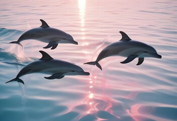 Fototapeta premium Beautiful dolphins leaping from the water against the backdrop of a majestic sunset in shades of pink