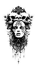 Womans Head Surrounded by Skulls tribal tattoo