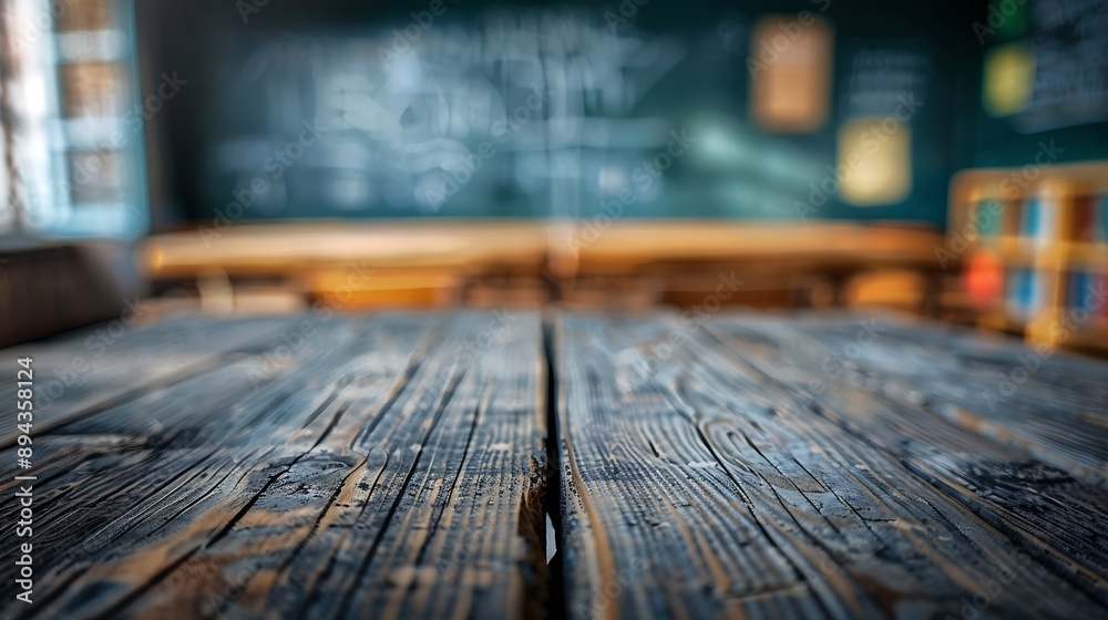 Fototapete Wooden board empty table background On the blurred background of the empty classroom : Generative AI