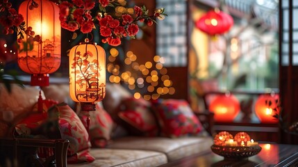 Interior of festive living room with cozy sofa and decor for Chinese New Year celebration : Generative AI