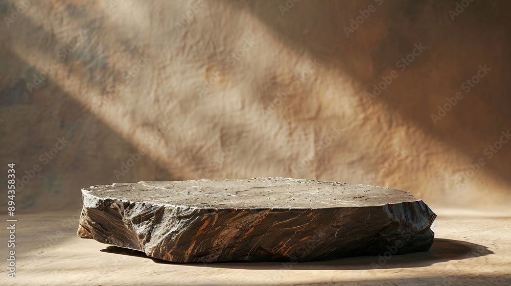 Poster Empty stone podium with lights and shadows on brown background Minimal backdrop Round natural rock and piece of driftwood Abstract pedestal or showcase for presentation Minimal wabi sa : Generative AI