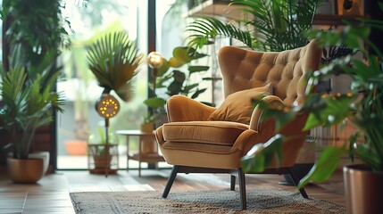 Obraz premium Creative composition of living room interior design with designed armchair wooden coffee table plants and golden accessoriers Urban jungle concpet Template : Generative AI