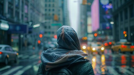 young man wearing a hoodie and scarf walking on the street in New York City, with flickering lights, speeding cars, and a blurred background, turning his head to look back