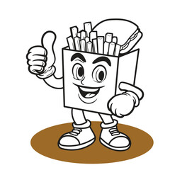  French fries with burger, thumbs up cartoon mascot. illustration character black and white vector clip art
