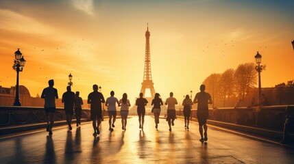 Athletes running in sports event with eiffel tower backdrop at paris 2024 olympic games