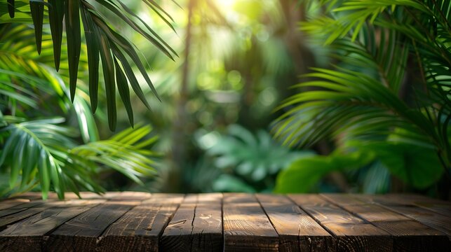 Wood tabletop counter podium floor in outdoors tropical garden forest blurred green palm leaf plant nature backgroundNatural product placement pedestal stand displaysummer jungle parad : Generative AI