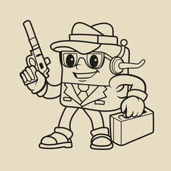 A cartoon illustration wearing a detective costume and holding a gun and his detective briefcase. Black and white  cartoon illustration icon.