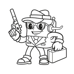 A cartoon illustration wearing a detective costume and holding a gun and his detective briefcase. Black and white  cartoon illustration mascot icon.