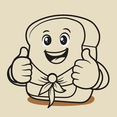 The white bread icon wears his favorite scarf with a happy face. Black and white illustration design