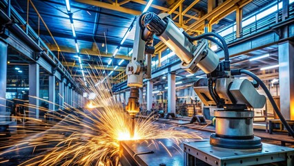 Robot welding arms assemble metal components on a production line, sparks flying, surrounded by machinery and conveyor belts in a modern manufacturing facility.