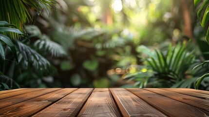 Table top wood counter floor podium in nature outdoors tropical forest garden blurred green jungle plant backgroundnatural product present placement pedestal stand displayspring or sum : Generative AI