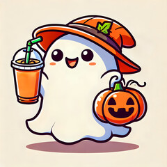 Cute Ghost with Pumpkin Spice Latte
