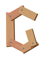 Wooden alphabet font, symbol G. Texture letter isolated on white, vector illustration. Typography typeface made of wooden planks