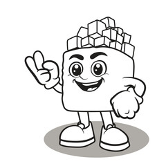 sugar cube with an identical sugar icon above his head with a smiling face. black and white design 

