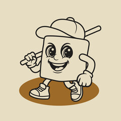 A sugar cubes wear hats and carry sticks. Black and white mascot design.
