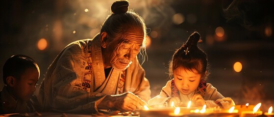 Elders teaching children traditional crafts, passing down legacy with appreciation, photorealistic, warm lighting, intricate details, cultural heritage