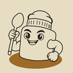 Chef mascot sugar bottle holds a wooden spoon black and white design
