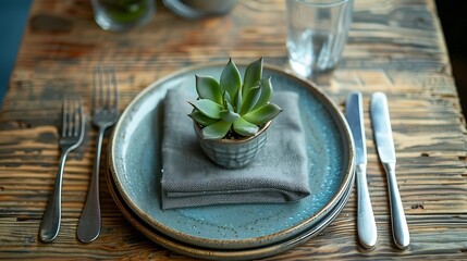 From above of tasteful minimalist table setting showcasing a ceramic plate silver cutlery bundled in a grey napkin a textured glass and a miniature succulent plant : Generative AI