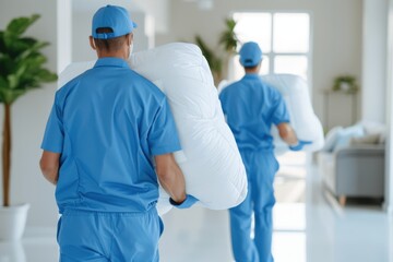 Mattress Delivery, Workers carrying mattresses in clean setting, Moving Services