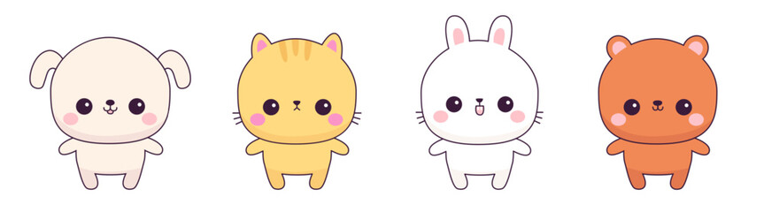 Chibi cat kitten, dog puppy, bunny rabbit, bear icon set. Cute cartoon kawaii funny baby animal character. Round face. Valentines day. Love card. Sticker print. Flat design. White background. Vector