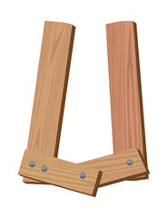 Wooden alphabet font, symbol U. Texture letter isolated on white, vector illustration. Typography typeface made of wooden planks