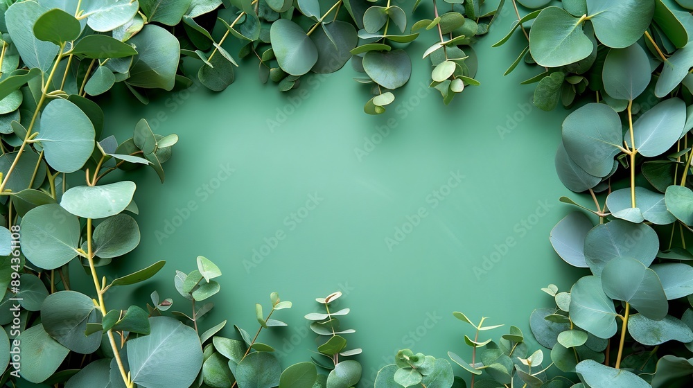 Poster Eucalyptus branch and leaves frame and creative layout on green background Top view flat lay Floral composition Design element Color card : Generative AI