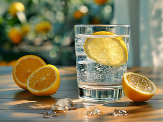 Glass of Lemon Water With Oranges and Ice on a Wooden Table in Sunlight