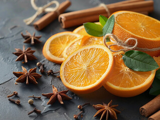Sliced Oranges, Star Anise, and Cinnamon Sticks on a Dark Surface