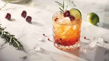 Sparkling Cocktail with Cherry Garnish and Lime